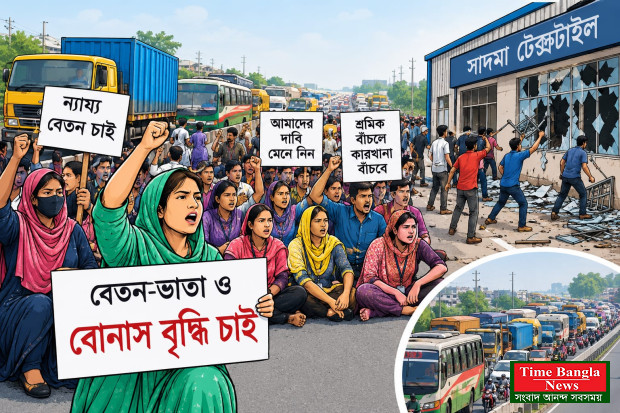 শ্রমিক বিক্ষোভে ঢাকা-টাঙ্গাইল মহাসড়কের পাঁচ কিলোমিটার এলাকা জুড়ে যানজট, কারখানায় ভাঙচুর।*